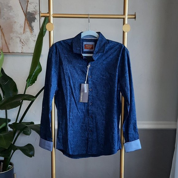Consequence Men’s Slim Fit Blue Paisley Button Up Long Sleeve Shirt - Picture 1 of 6